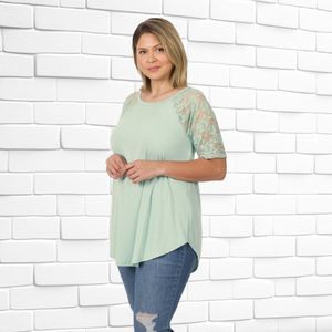 Zenana Plus Size Round Hem Lace Sleeve Top Light Sage 1X